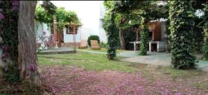 a yard with purple flowers in front of a house at Aldea Granpas in Embalse