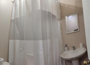 a bathroom with a white shower curtain and a sink at Departamentos Entre Lagos in Licán Ray