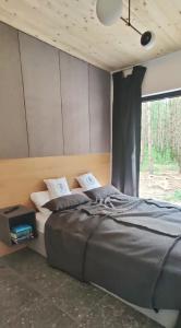 Un dormitorio con una cama grande con ventana. en w lesie, en Skrwilno