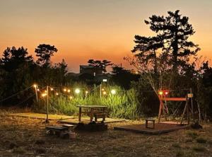 un parque por la noche con una mesa de picnic y luces en Warang Guesthouse, en Jeju