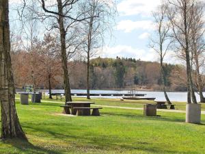 een park met picknicktafels in het gras bij een meer bij Holiday home VANKIVA in Vankiva