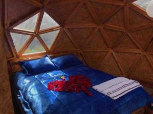 a bedroom with a blue bed in a yurt at “Entres sueños”, el lugar ideal para soñar in La Calera