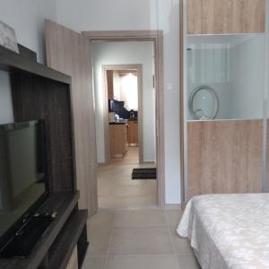 a living room with a television and a bedroom at CENTRAL TOWN HOUSE 60m2**** in Piraeus