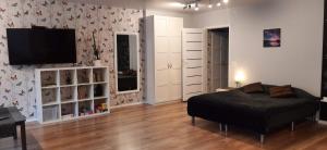 1 dormitorio con 1 cama y TV de pantalla plana en Elite Flats Two bedroom en Utena