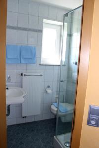 a bathroom with a sink and a toilet and a window at Hotel Heike garni in Günzburg