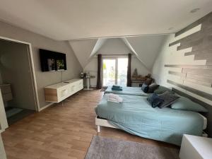 una camera con due letti e una TV a parete di Belle chambre spacieuse et au calme a Schweighouse-sur-Moder