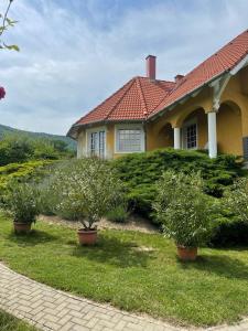 Una casa amarilla con plantas delante. en Vár-Lak Resort en Balatonederics