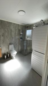 een badkamer met een douche, een toilet en een douchecabine bij Floda, Minihus på 62m2 för plats för 4 vuxna och 2 barn in Floda