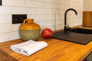 a kitchen counter with a sink and an apple on it at PropertiesForYou in Bielsko-Biała +124 photos