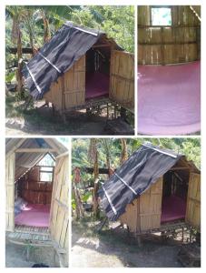 un rifugio in legno con pavimento viola e copertina nera di Raw Camping at Camping Paradise Singalong Mountain Garden ad Antipolo