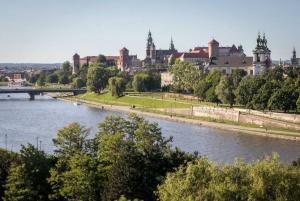 a view of a river with a city in the background at Premium Apartment for Jewish Quarter & Old Town plus Pool in Kraków
