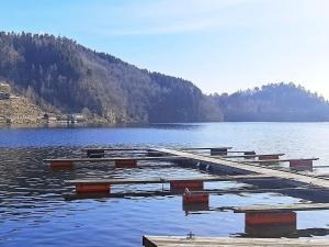 un quai sur un lac avec des montagnes en arrière-plan dans l'établissement 8 person holiday home in lyngdal-By Traum, à Lyngdal