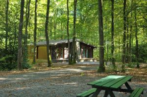 a cabin in the woods with a green picnic table at Village de Vacances d'Oignies in Oignies