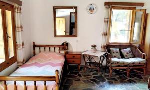 Khámbatha的住宿－Alexis country house in Georgioupoli, for 6 pers 4 km from the beach，一间卧室配有一张床、一把椅子和镜子