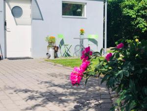 a bunch of pink flowers in front of a house at Lovely studio in the citycenter of Sigtuna in Sigtuna