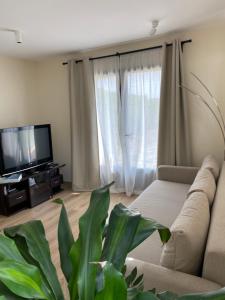 a living room with a couch and a tv at Private room among a nice Garden - Jardin en valois in Magnac-sur-Touvre