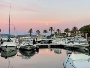 a group of boats docked in a marina at sunset at La Villa Cavalaire in Cavalaire-sur-Mer