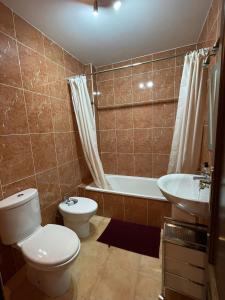 a bathroom with a toilet and a tub and a sink at Casa Lucía y Clara benaojan in Benaoján