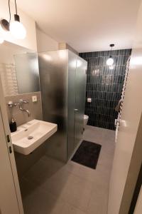 y baño con lavabo y ducha. en Apartment in historischer Villa mit Parkplatz, en Grünau im Almtal