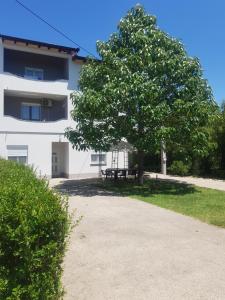 un árbol frente a un edificio con una mesa de picnic en Ana ROOMS en Ljubuški