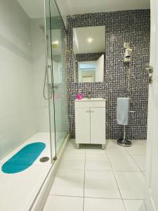 een badkamer met een douche, een wastafel en een spiegel bij Apartamentos Poente da Aldeia in Albufeira