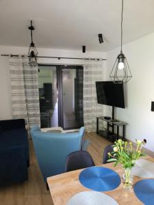 a living room with a table and a tv at Apartamenty Josef in Zbrosławice