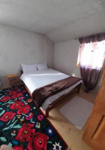 Dormitorio pequeño con cama y alfombra en Cabana Dor de-Acas / Restaurant Dor de-Acas en Gura Haitii