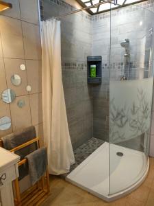 W łazience znajduje się prysznic ze szklanymi drzwiami. w obiekcie MAS VALLCROSA Chambre suite parentale avec jardin et piscine w mieście Camélas