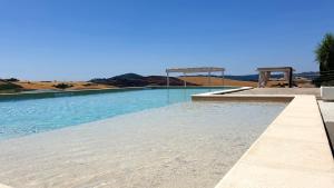 a swimming pool with blue water and two benches at Agriturismo L'impero in Santa Luce