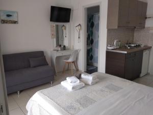 a room with a bed and a kitchen with a couch at Anastasia Studios & Apartments in Panormos Skopelos