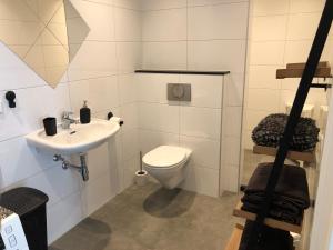 La salle de bains est pourvue de toilettes et d'un lavabo. dans l'établissement 2 Gastenverblijven in het Groene Hart nabij Utrecht, 