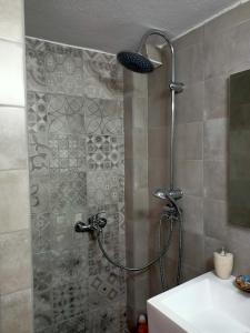 a shower with a shower head in a bathroom at Amphitrite's Haven - Cycladic House in Marpissa, Paros in Márpissa
