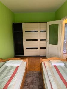 2 Betten in einem Zimmer mit grünen Wänden in der Unterkunft Malom Vendégház in Szarvas