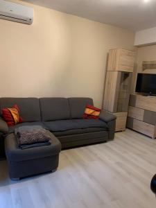 ein Wohnzimmer mit einem Sofa und einem TV in der Unterkunft Malom Vendégház in Szarvas