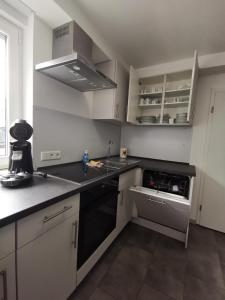 a kitchen with white cabinets and a black dishwasher at Moderne Wohnung mit Terrasse und eigenem Zugang. in Remscheid