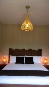 um quarto com uma cama grande e um lustre em La Pintada Casa Rural em Cañícosa