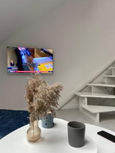 TV a/nebo společenská místnost v ubytování Komfortowe mieszkanie z antresolą i tarasem