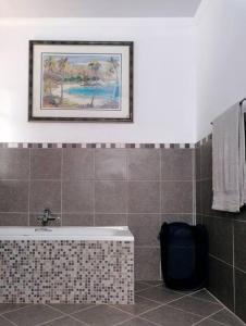 ein Badezimmer mit einer Badewanne und einem Bild an der Wand in der Unterkunft Greystoke - Furnished, self service apartment. in Springs