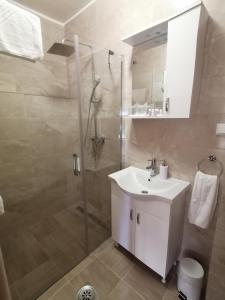 een badkamer met een douche, een wastafel en een toilet bij Farma & Apartmani OPG Sasa Delic in Korenica