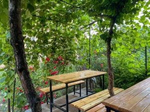 a picnic table and benches in a garden with flowers at Aregak B&B and Tours in Goris