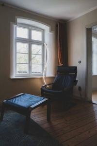 a living room with a chair and a window at Moderne Wohnung im Herzen der Natur - Ingo's Dream in Bäbelin