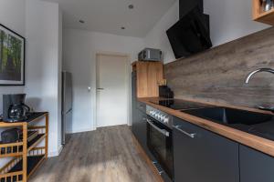 a kitchen with a sink and a stove at Ferienwohnung am Steinbach 2 in Thale +3 photos
