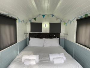 a bed in a room with two pillows on it at Estuary View - Cosy Shepherds Hut in Kingsbridge