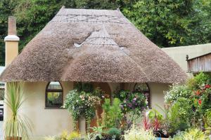 a small house with a thatched roof at Pinetum Garden Cottages in St Austell