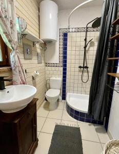 ein Badezimmer mit einem WC, einer Badewanne und einem Waschbecken in der Unterkunft Chata w Ciszy in Uście