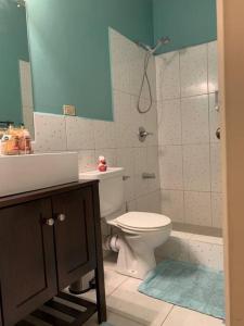 uma casa de banho com um WC, um lavatório e um chuveiro em Vista Stays ...Alluring Ambrosia near to Airport em Trincity 