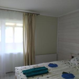 a bedroom with a bed with blue sheets and a window at Good House in Slavske