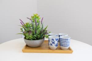 a tray with four blue and white cups and a plant at Baia Flegrea Meublè in Bacoli