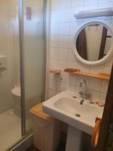 a bathroom with a sink and a shower and a mirror at Maison Bourgogne in Château-Chinon