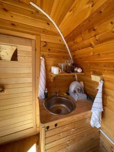 uma casa de banho com um lavatório numa cabina de madeira em Hobití chatka Lipno em Černá v Pošumaví